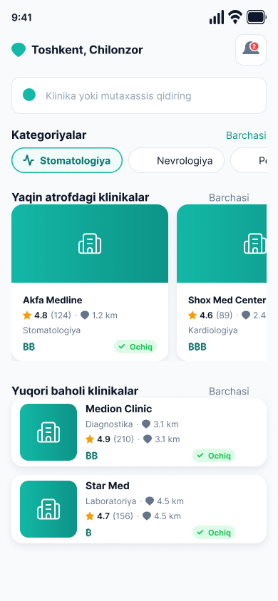 MedPuls ilovasi — bosh sahifa: klinikalar va kategoriyalar